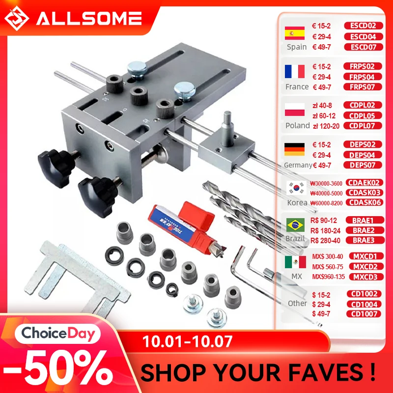 ALLSOME 6/8/10 mm Drill Bushing Wood Drilling Guide Locator Adjustable Dowel Jig Kit  3 In 1 Dowelling Jig For DIY Tool