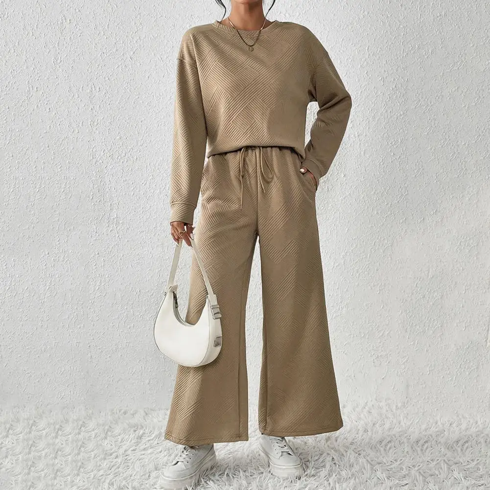 Women Top Pants Suit Women's Textured Solid Color Sweatshirt Wide Leg Trousers Set with Round Neck Long Sleeves 2 Piece for Fall