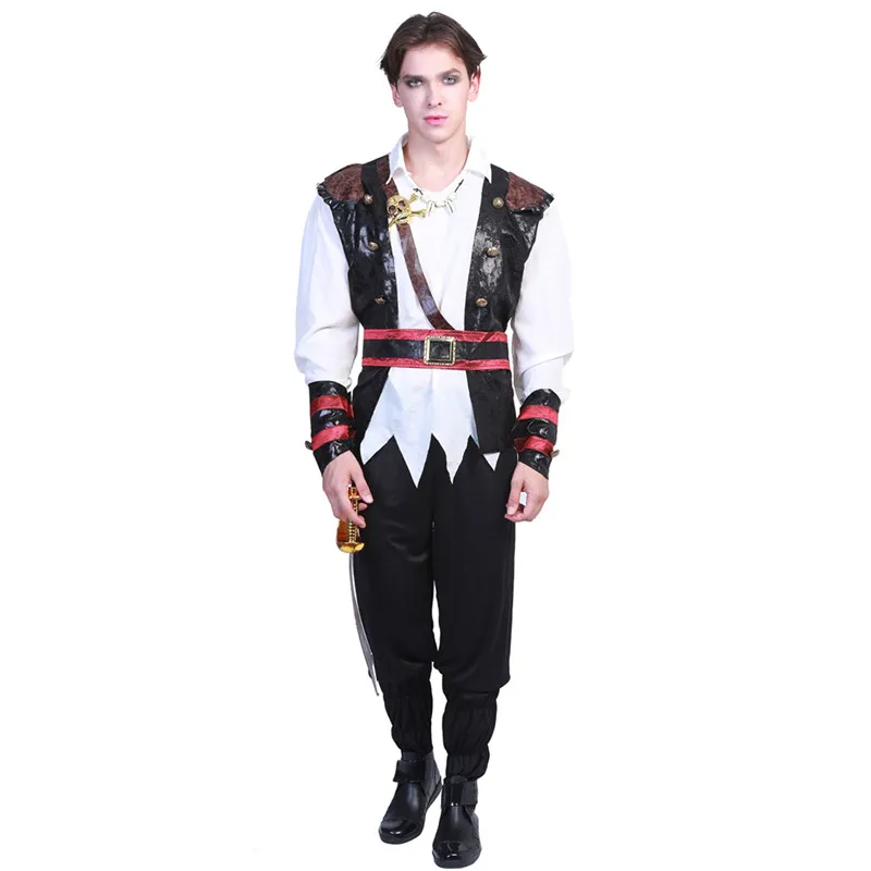 Men Halloween Pirates of the Caribbean Costumes Robber Warrior Cosplay Carnival Purim Parade Masked Ball Role Play Party Dress