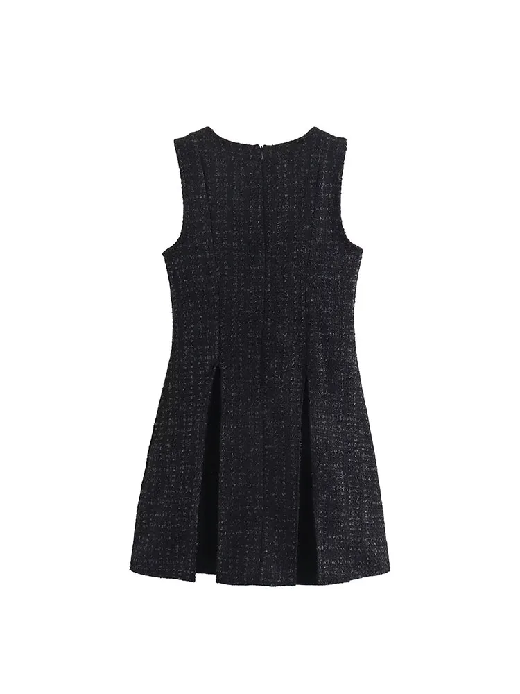 2024 New Women's Clothing European and American Style Fashion Temperament Woolen Tweed Waist Sleeveless Dress