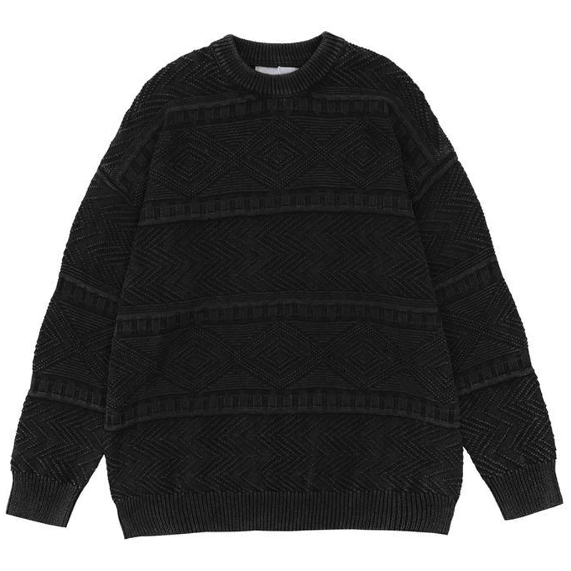 Vintage Washed Sweaters Men Japanese Stereoscopic Diamond Pattern Knitted Sweaters Streetwear 2023 Autumn Loose Casual Pullovers