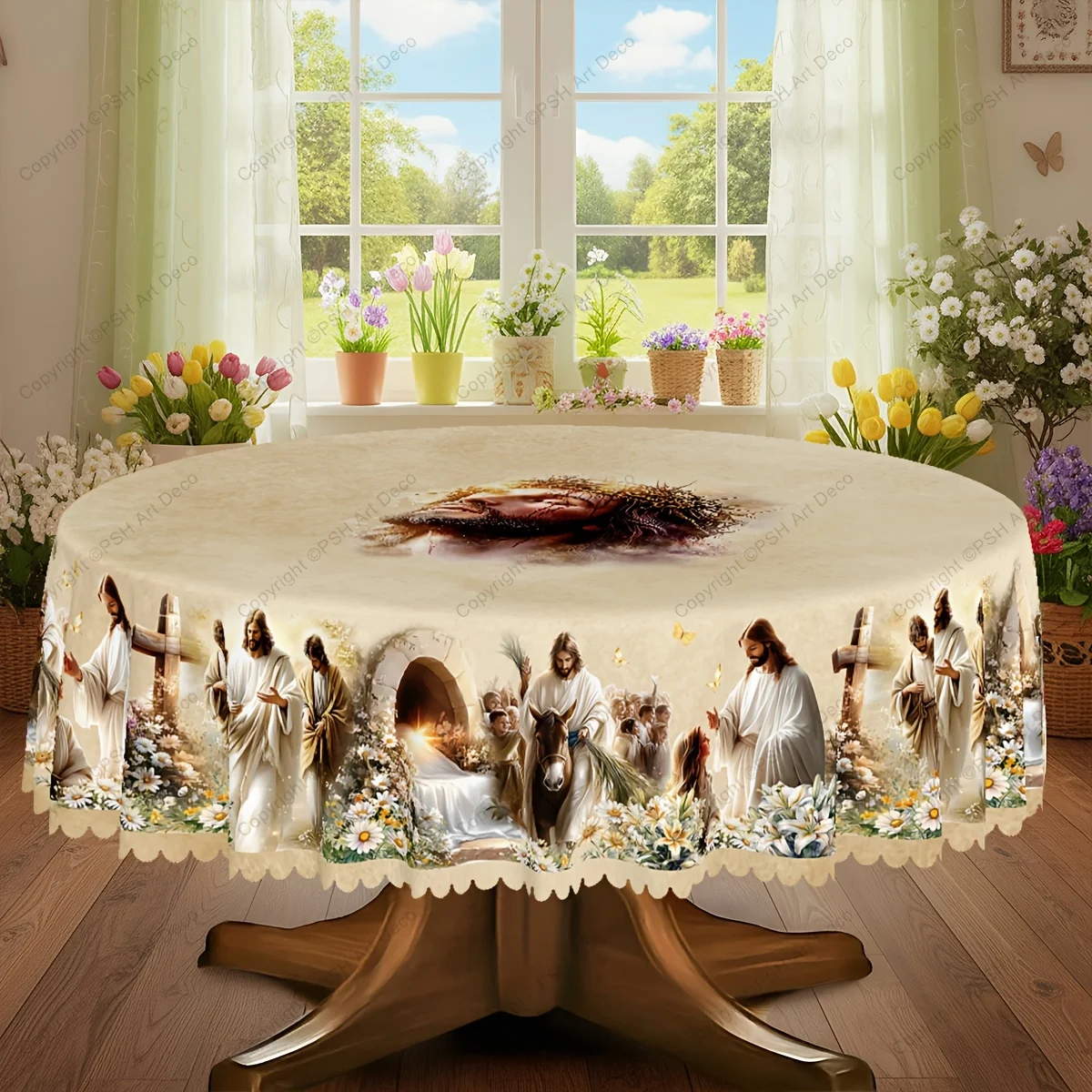 1 piece, Christian-themed home decoration tablecloth, Jesus Holy Branch Lily pattern tablecloth, edge embossing process