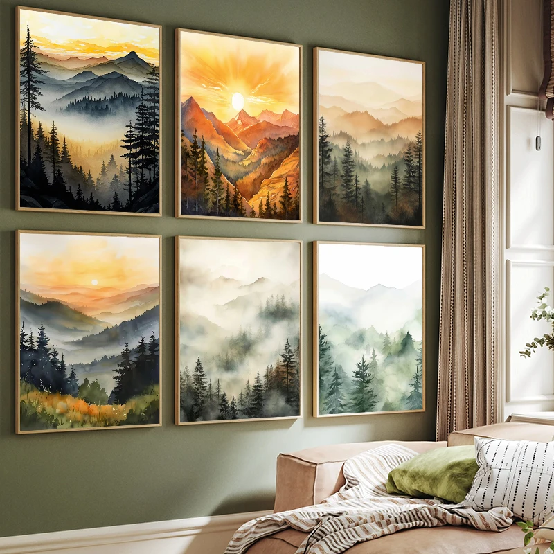 Watercolor Mountain Forest Misty Landscape Nature Inspired Art Poster Canvas Painting And Prints For Living Room Home Decor Gift