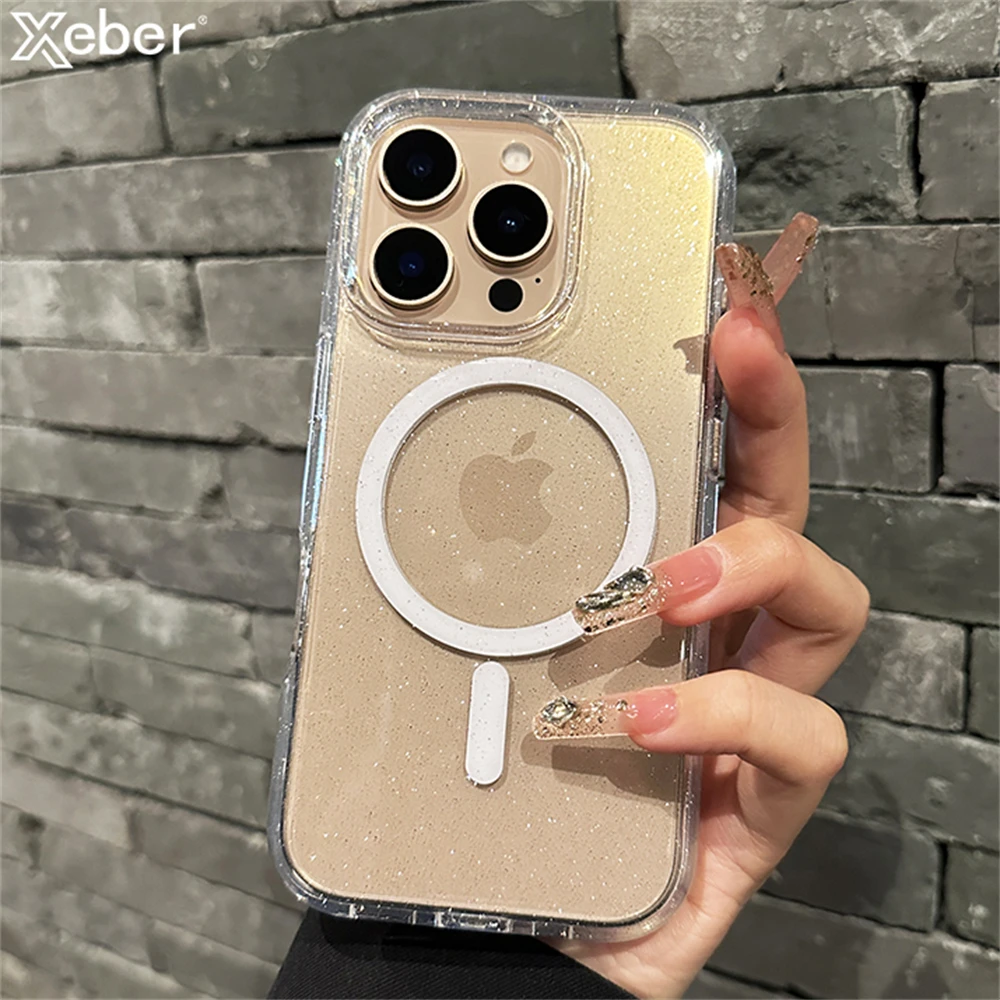 Luxury Bling Glitter Transparent For Magsafe Wireless Charging Magnetic Case for iPhone 16 13 14 15 Pro Max Clear Hard PC Cover