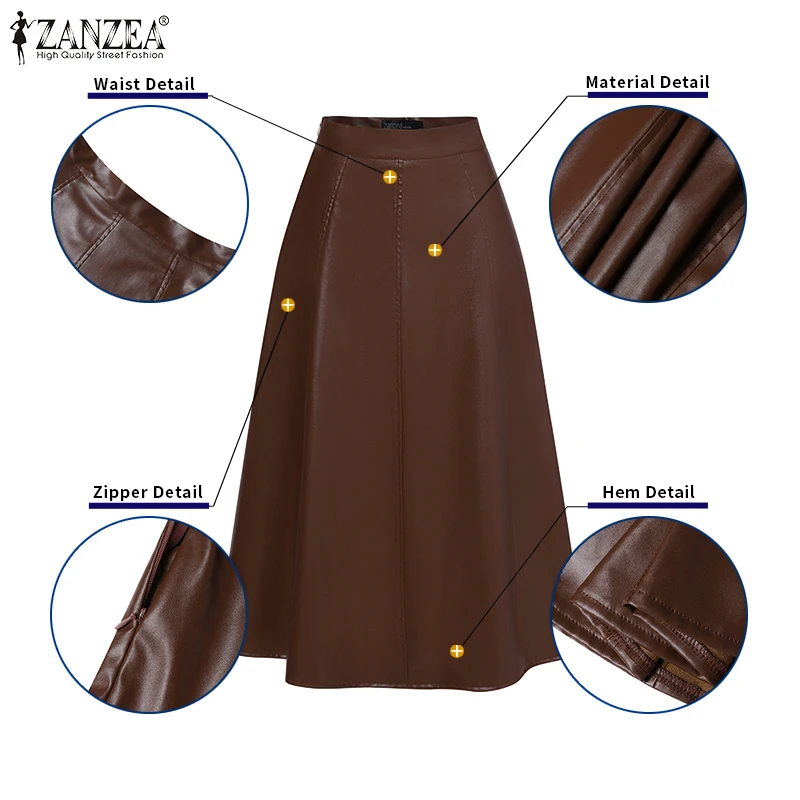 ZANZEA Donna PU Pelle Midi Jupes Autunno inverno Elegante Casual Gonna a vita alta allentata Gonna da ufficio solida Falda a vita alta