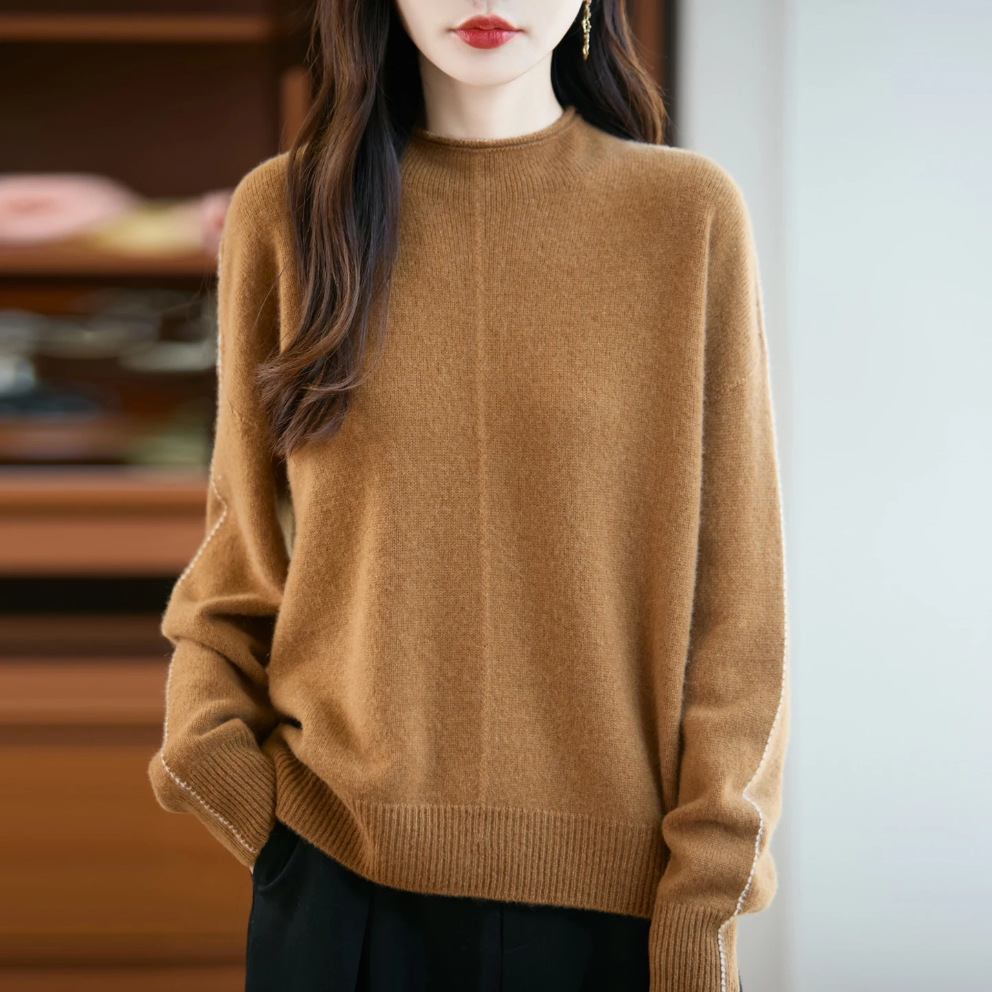 Simple Autumn Winter 100% Merino Wool Sweater Mock-Neck Woman Cashmere Pullover Warm Fluffy Soft Elegant Knitwear Tops