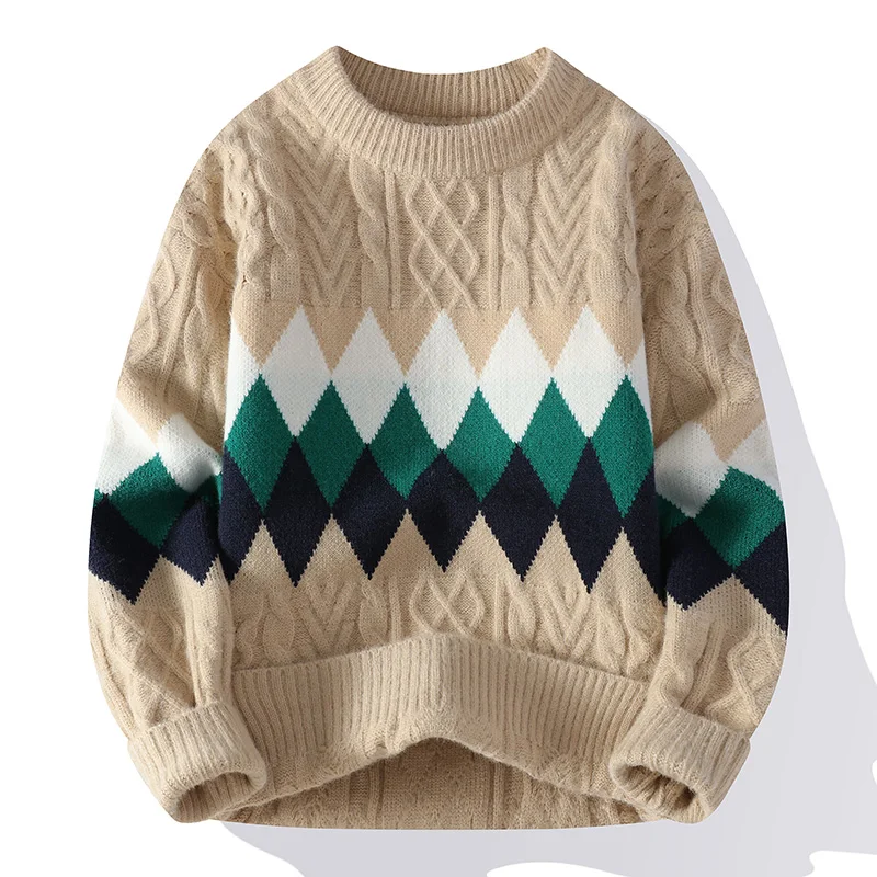 

Мужской вязаный свитер с геометрическим узором, утолщенный, свободного кроя, зимний, повседневный, с узором «косичка», длинный рукав, круглый вырез горловины