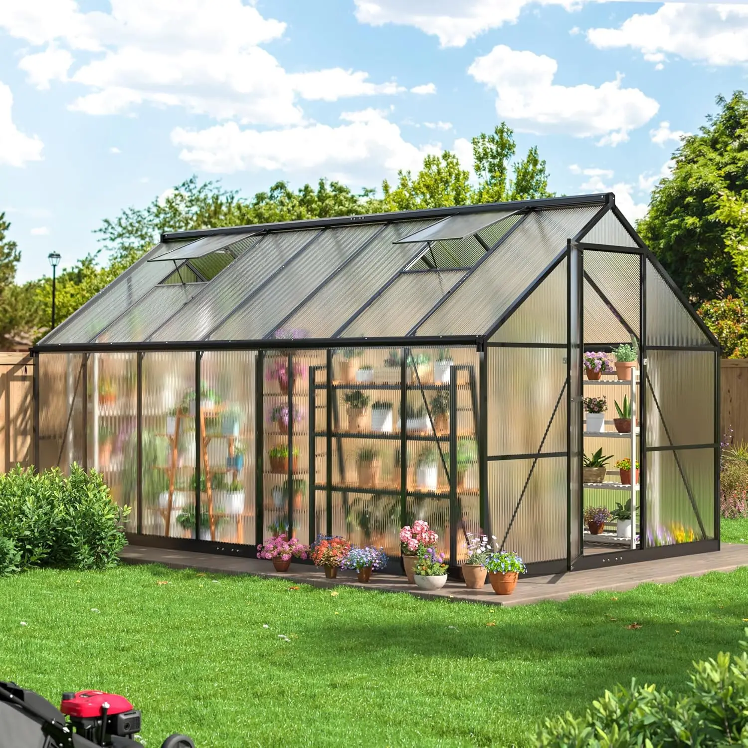 8x14 FT Walk-in Greenhouse Polycarbonate Roof Vent Aluminum Frame Outdoor Garden Backyard Large Quick Setup Custom