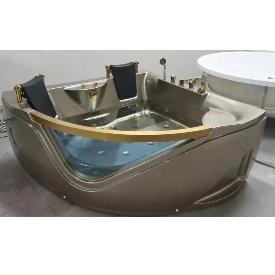 

Coffee Brown Corner 2 Person Bathtub With Brushed Gold Faucet Spa Bathtubs Skirt Light Jacuzzis Light Therapy Fiberglass Bathtub