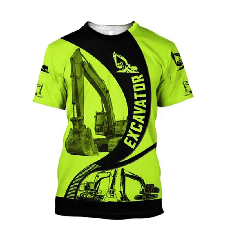 Excavator 3D Print T-shirt For Men Machinery Operator Stripe Short Sleeve Breathable Loose T Shirts Outdoor Summer Work Clothes