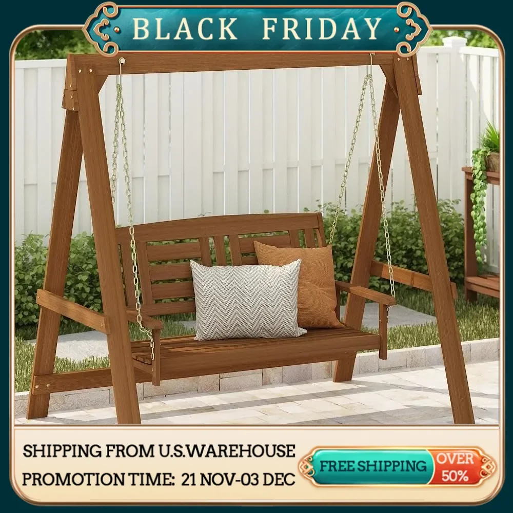 Tioman Hardwood Patio, Garden, Outdoor 4ft Porch Swing, 2 Seats with Stand, Natural Color, Weight: 350 lbs