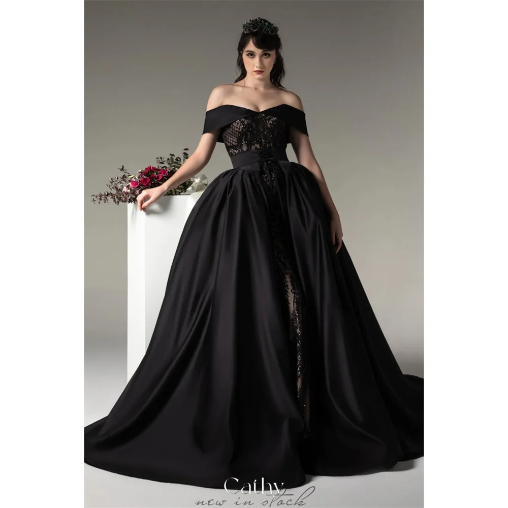 Cathy Black Off Shoulder Lace Appliques Wedding Dress Detachable Train vestidos de noiva Backless Customized Formal Evening 2025