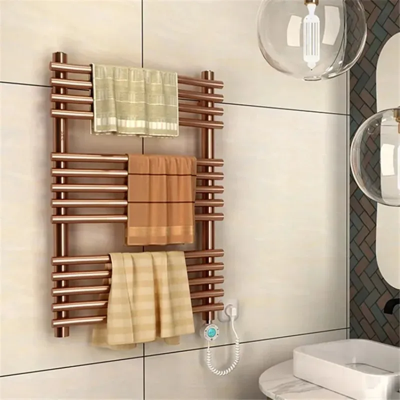 Gran oferta de accesorios de baño, radiador eléctrico de toallero plano esencial montado en la pared, cromado, oro rosa, 80cm