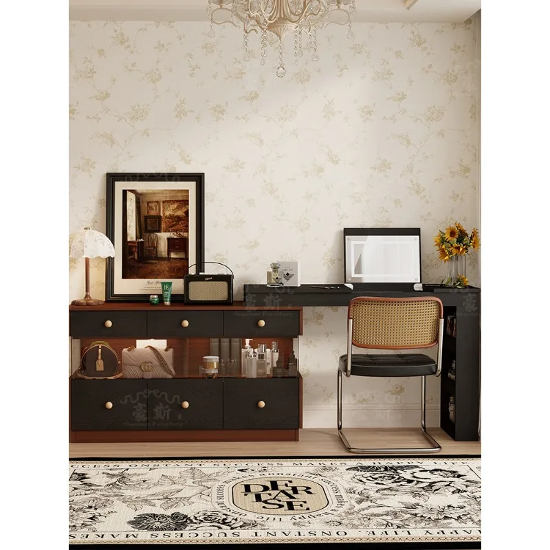 Retro style mobile dresser, bedroom brown makeup table visual storage chest combination display cabinet