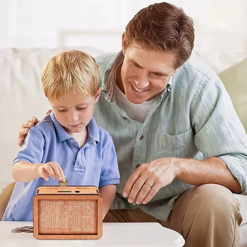 Decorated natural wooden retro style piggy bank with counters handmade children's savings target cash savings containers