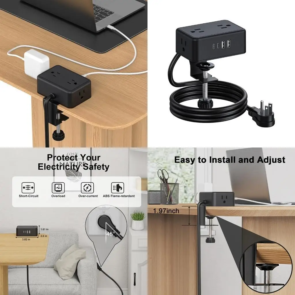 B03F Adjustable Clamp On Power Strips 4 AC Outlets 2 USB A 2 USB C Port 20W Fast Chargers for Electronic Products, Tablets