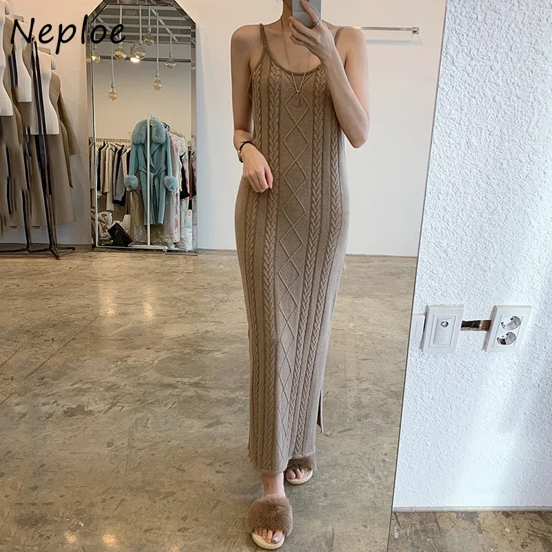 Neploe 2024 Autumn New Twist Patchwork Dress Chic Long Knitted Sweater Dresses Solid Color Sexy Camis Split Femme Vestidos