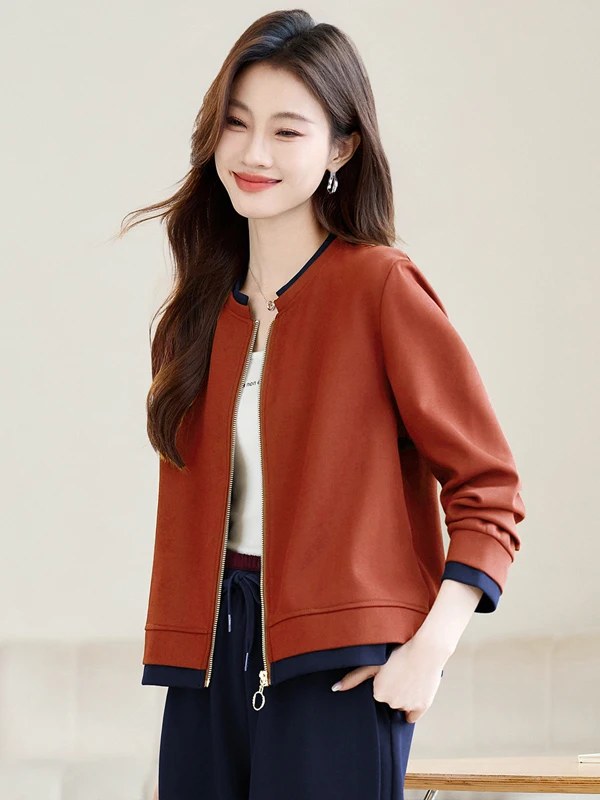 Ankela Red Women's Spring Autumn 2025 Casual Versatile Short Baseball Jacket Sweatshirt Style Open Cardigan Polyester Fiber