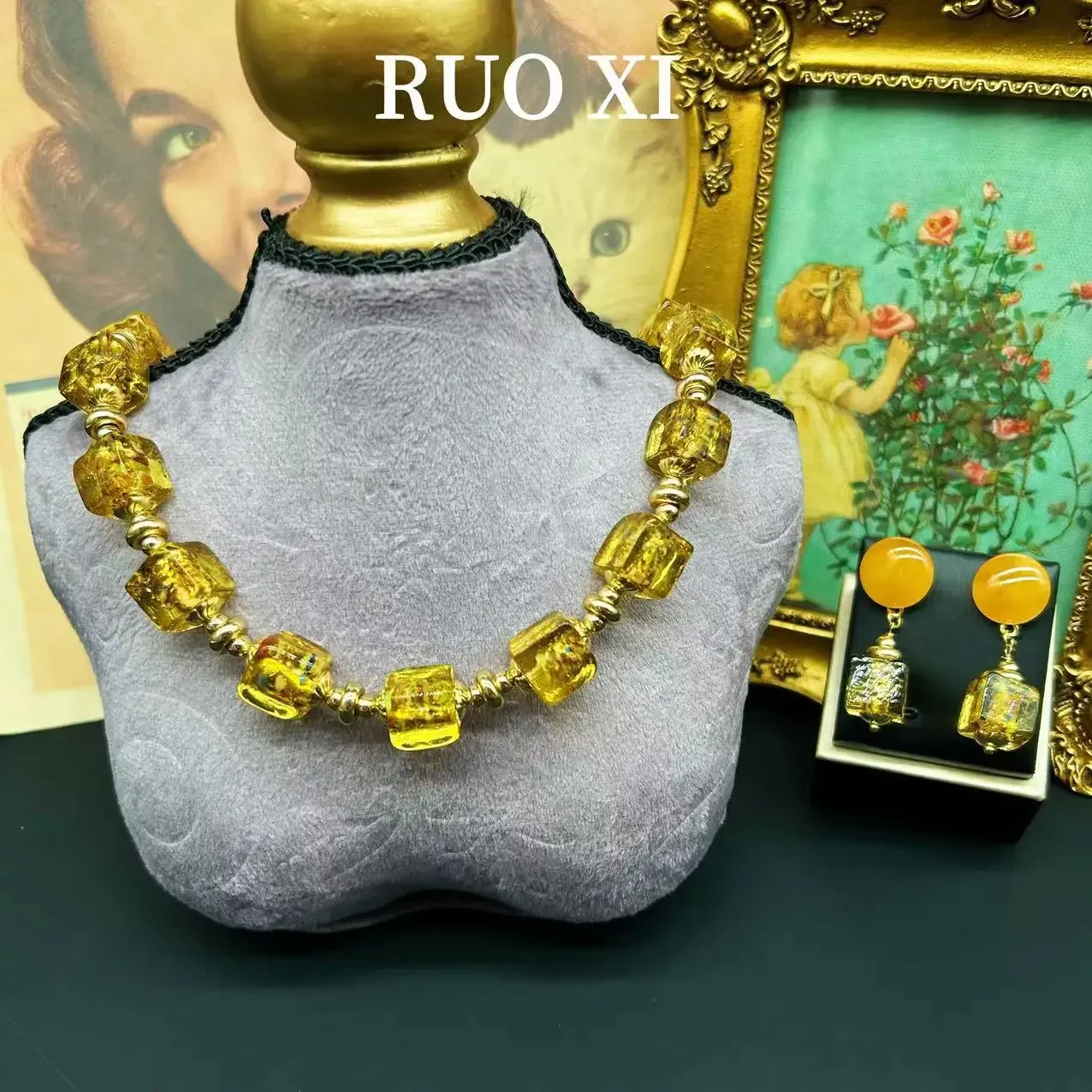 Jewelry Decoration Girl's Earring Necklace Set Glass Retro French Gold Foil Advanced Square Daily Boutique