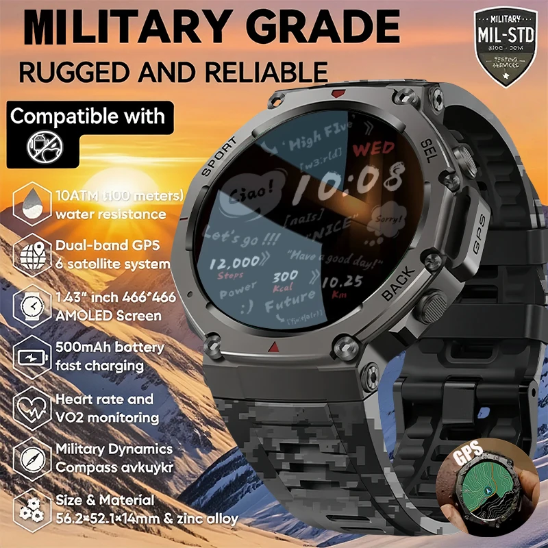 

Новые военные мужские умные часы T-Rex 3 с GPS, 48 мм, 10 АТМ, водонепроницаемые для XIAOMI, фитнес-часы, GPS, автономная карта 170, спортивные часы с HD-вызовом