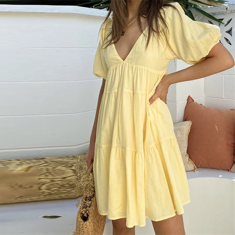 Summer Boho Loose Fit Mini Dress Beach Holiday Puff Sleeves V-Neck A-Line Dress Women Maternity Photoshoot Pregnancy Dress