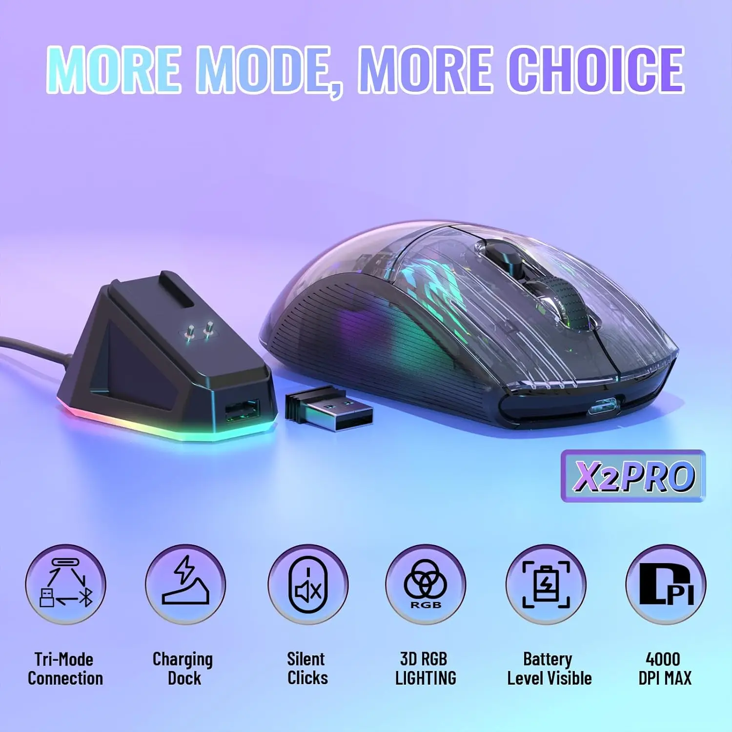 ATTACK SHARK X2 Pro Wireless Gaming Mouse  RGB Charging Dock,Tri-Mode PC Gaming Mouse RGB Backlit PixArt 3212 Sensor 4000 DPI