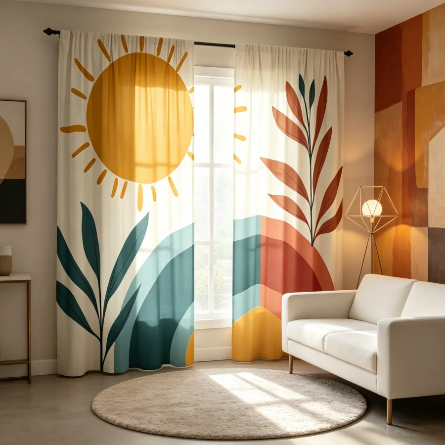 2PCS Digital Print  Curtain, Warm Sun Arc Shadow, Bohemian Style  Curtain Panel for Home Living Room Bedroom Decor