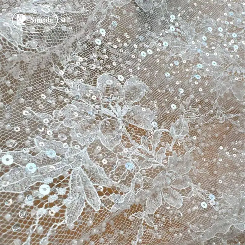 SMEALE Weiße Perlen Pailletten Spitzenstoff Luxuriöses Abendkleid Französische Spitze Braut-Hochzeitsstoff. Stoffe zum Nähen – Detail 6
