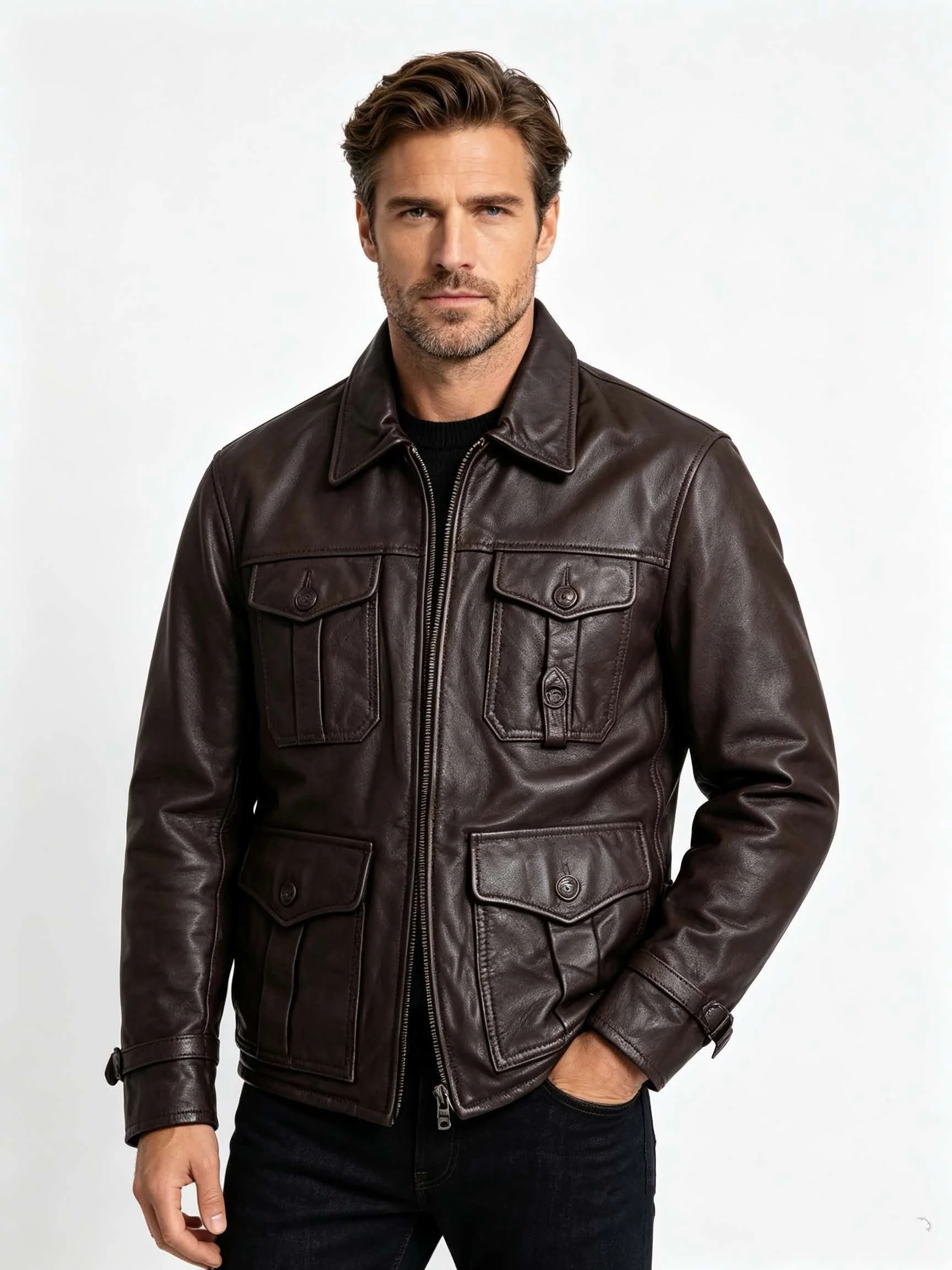 Dark Brown Autumn Leather Jacket Men Retro Style Plus Size 5XL Genuine Natural Cowhide Turn-Down Collar Coat Safari Coat