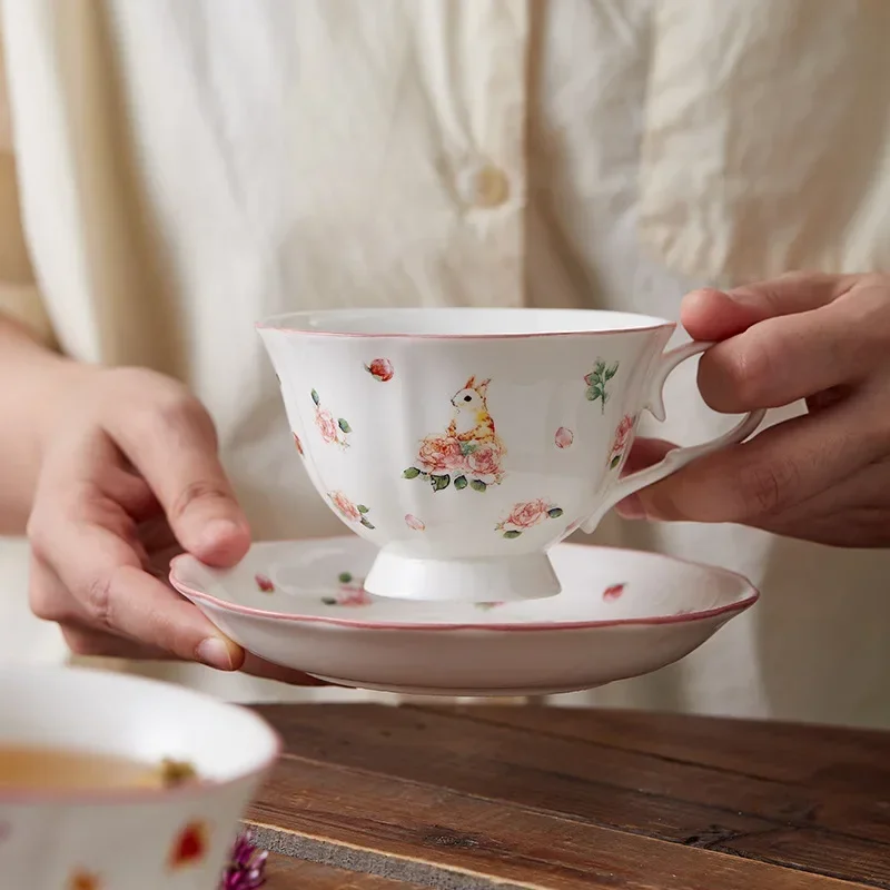 Alice Style French Pink Coffee Cup and Saucer Set Ceramic Cups Cute Afternoon Tea Dessert Plate.