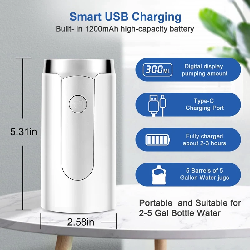 5ガロンの水ボトルポンプ,折りたたみ式スパウト,スマートLEDディスプレイ,サイレント操作,家庭,オフィス,屋外用のポータブル