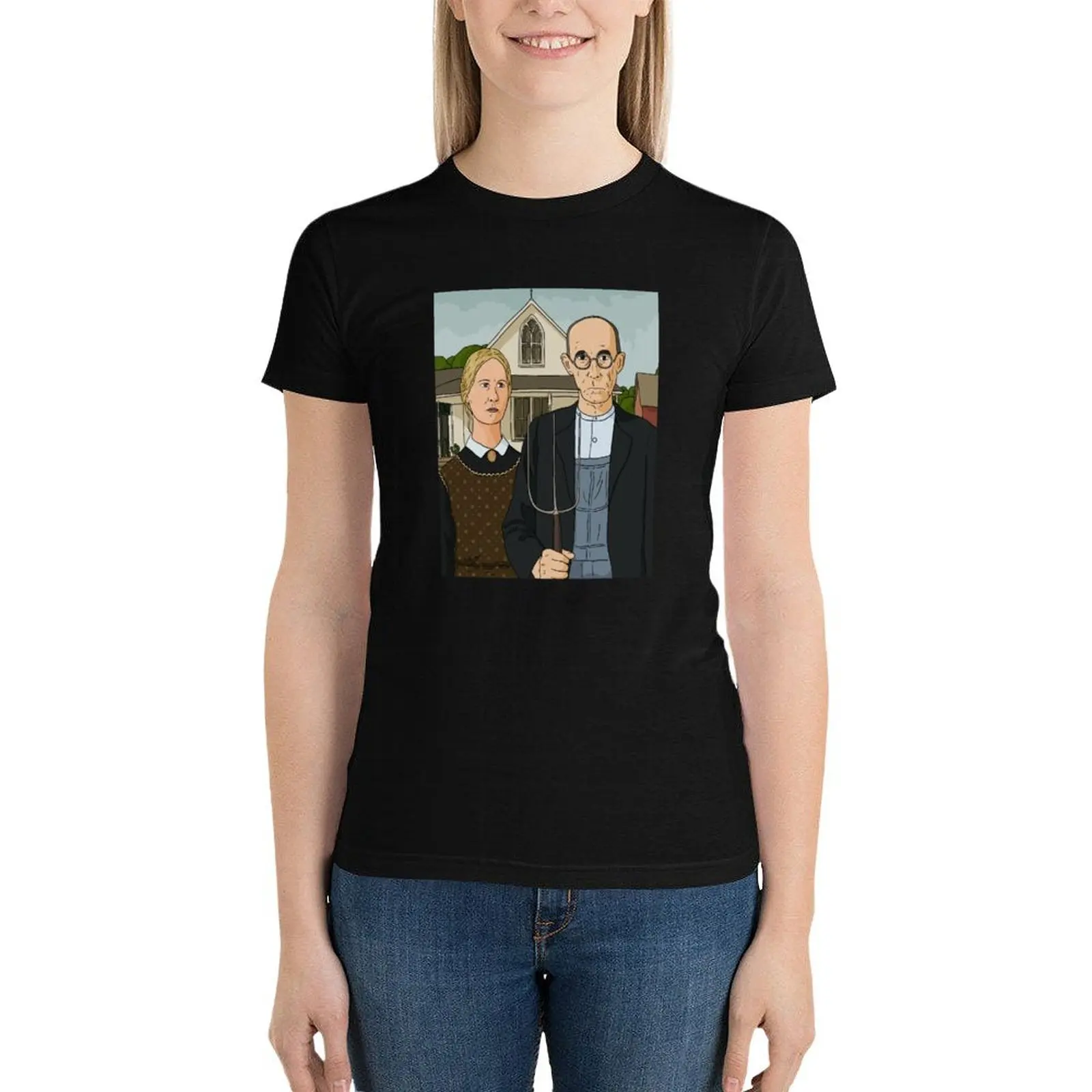 Grant Wood American Gothic Painting Vector art T-Shirt vintage clothes plus size tops graphics female black t shirts for Women