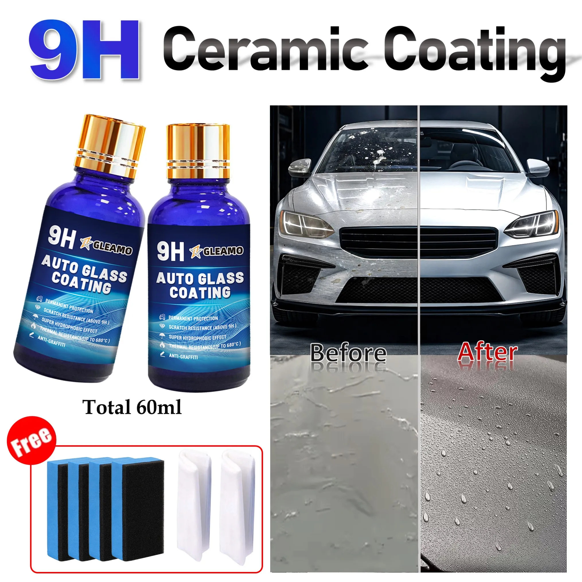 

Керамическое автомобильное покрытие 9H GLEAMO, длительный эффект, предотвращает появление царапин и пятен, жидкое покрытие, нанокристаллический гидрофобный слой