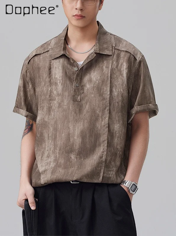Summer Vintage Washed Mocha Tie Dye Polo Shirt Men Irregular Pleated Splicing Loose Fit Lapel Short Sleeve Casual Apricot Top