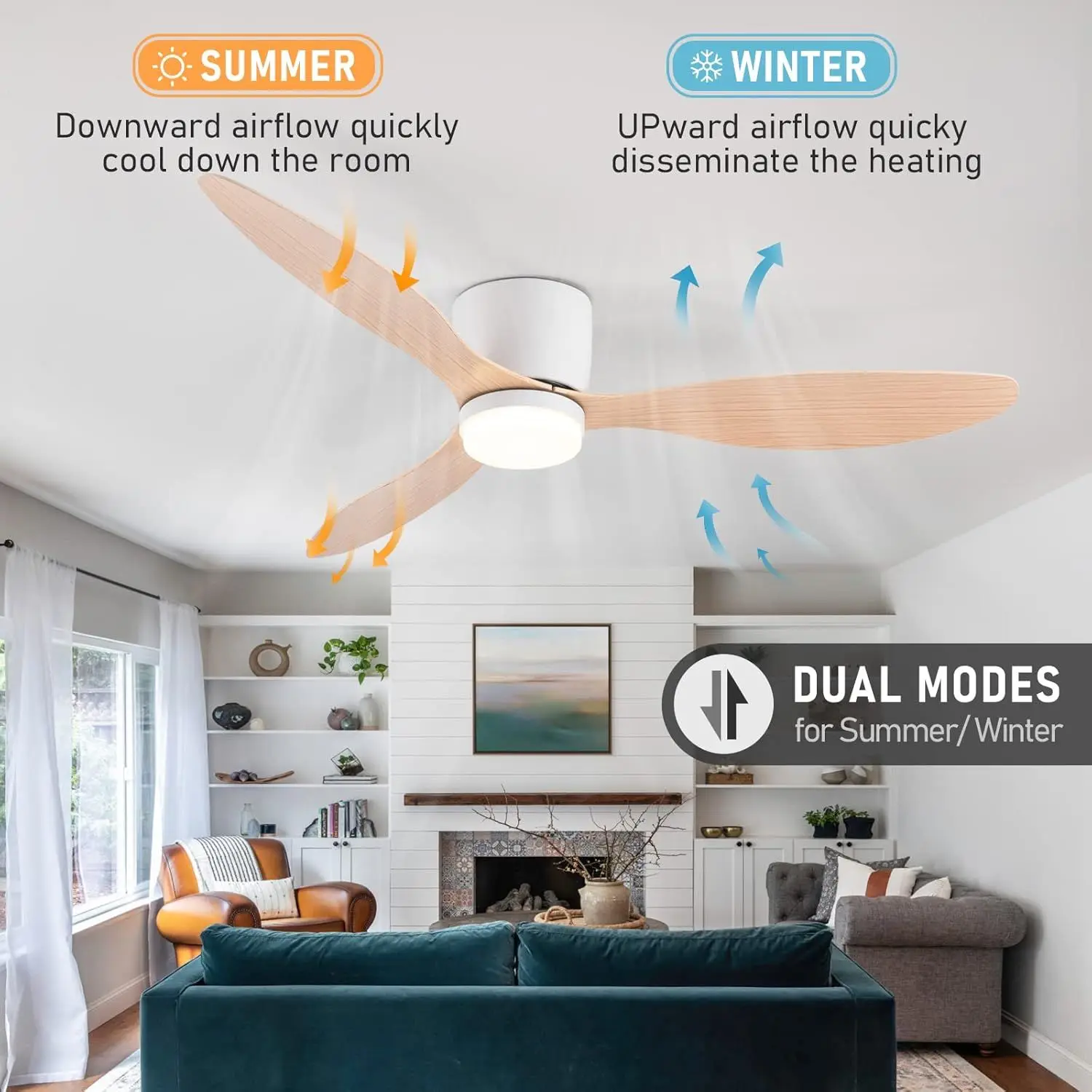 42/52inch Ceiling Fan with Tricolor Light Indoor Bedroom Ceiling Fans with Remote Control 6 Speeds Timing 3 Blades AC85-265V