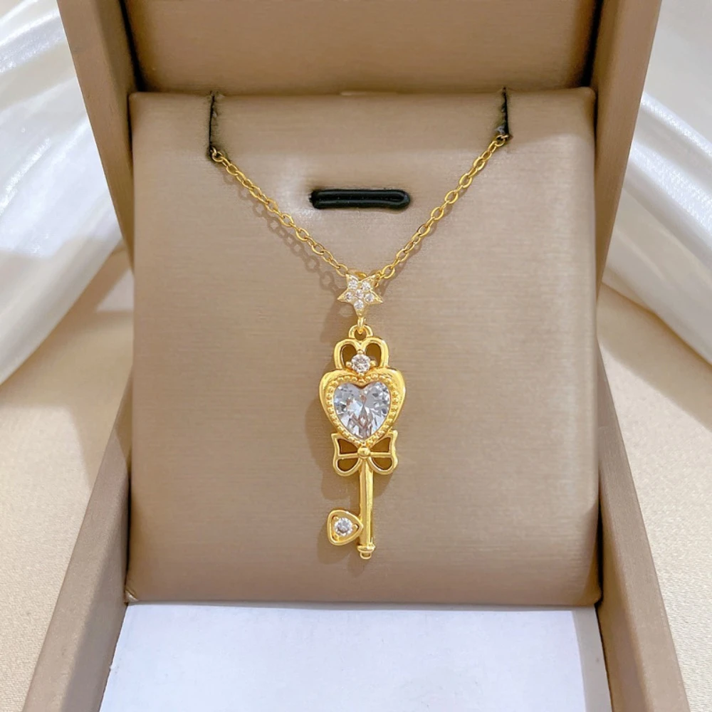 Sweet Temperament Inlay Zircon Star Bow Heart Sharpe Key Pendant Necklace for Women Valentine's Day Gift Stainless Steel Jewelry