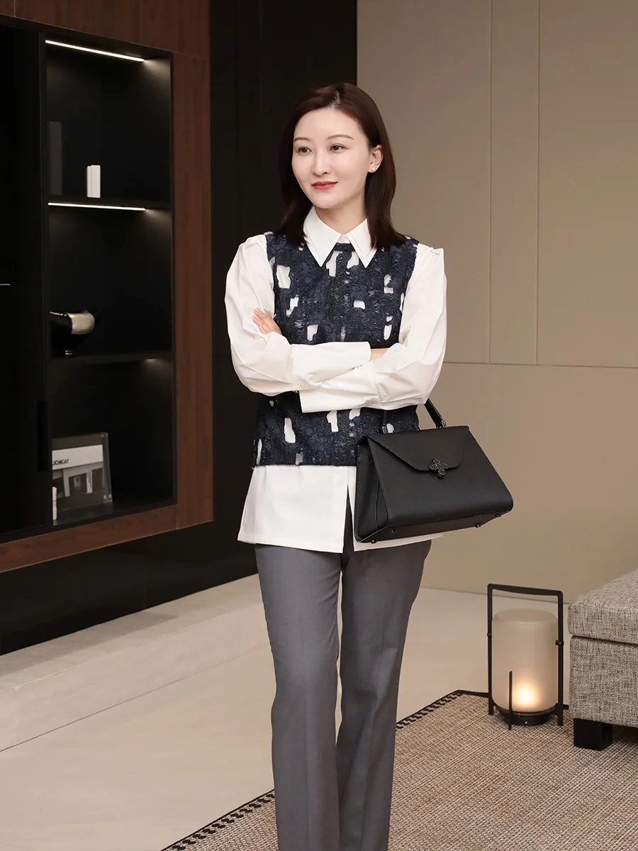 

Ele Double Collar Wide Sve irt Dry Bone Cri Sle Busin Casual Women's irt Straight Cut Long Sve Ne