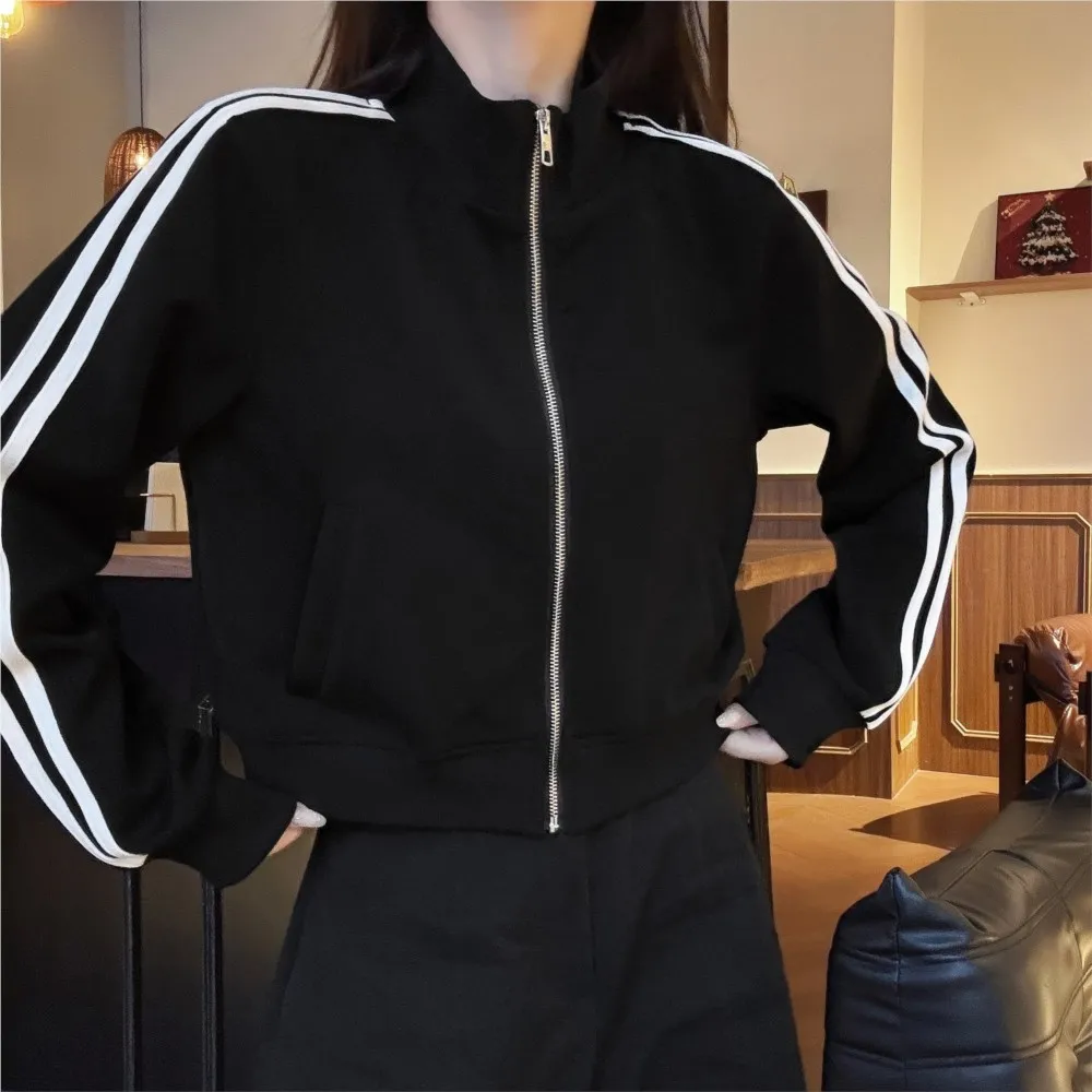 

New Spring Autumn Contrast Color Stripes Sleeve Zip up Stand Collar Sweats For Women Sweatshirt Casaul Jumper Black Gray Khaki