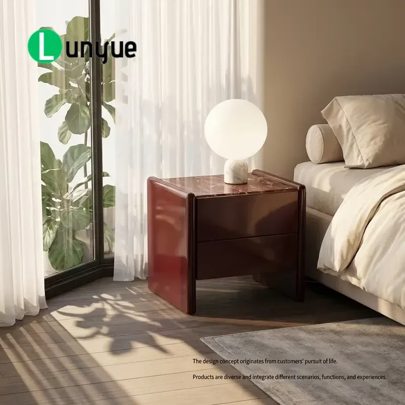 Solid Wood Lacquered Bedside Table with Marble Top 2 Drawers Simple Modern Nightstand Storage Locker for Bedroom Home Decor