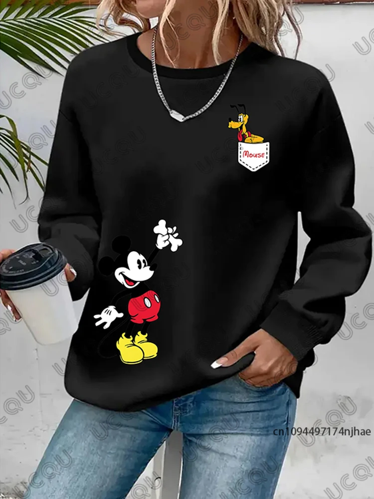 مينو ميكي ماوس وبلوتو طباعة كم طويل تي شيرت للنساء الخريف موضة بلون بلوزات غير رسمية بلوزات المتضخم
