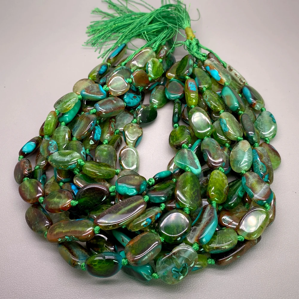 2 Strands Smooth Green Brown Agate Oval Shape Nugget Slice Focal Beads 16