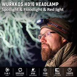Wurkkos HD16 Headlamp 2500LM Smart Sensing Lamp 18650 Fishing Flashlight IP66 Waterproof White & Red Light with Rotary Switch