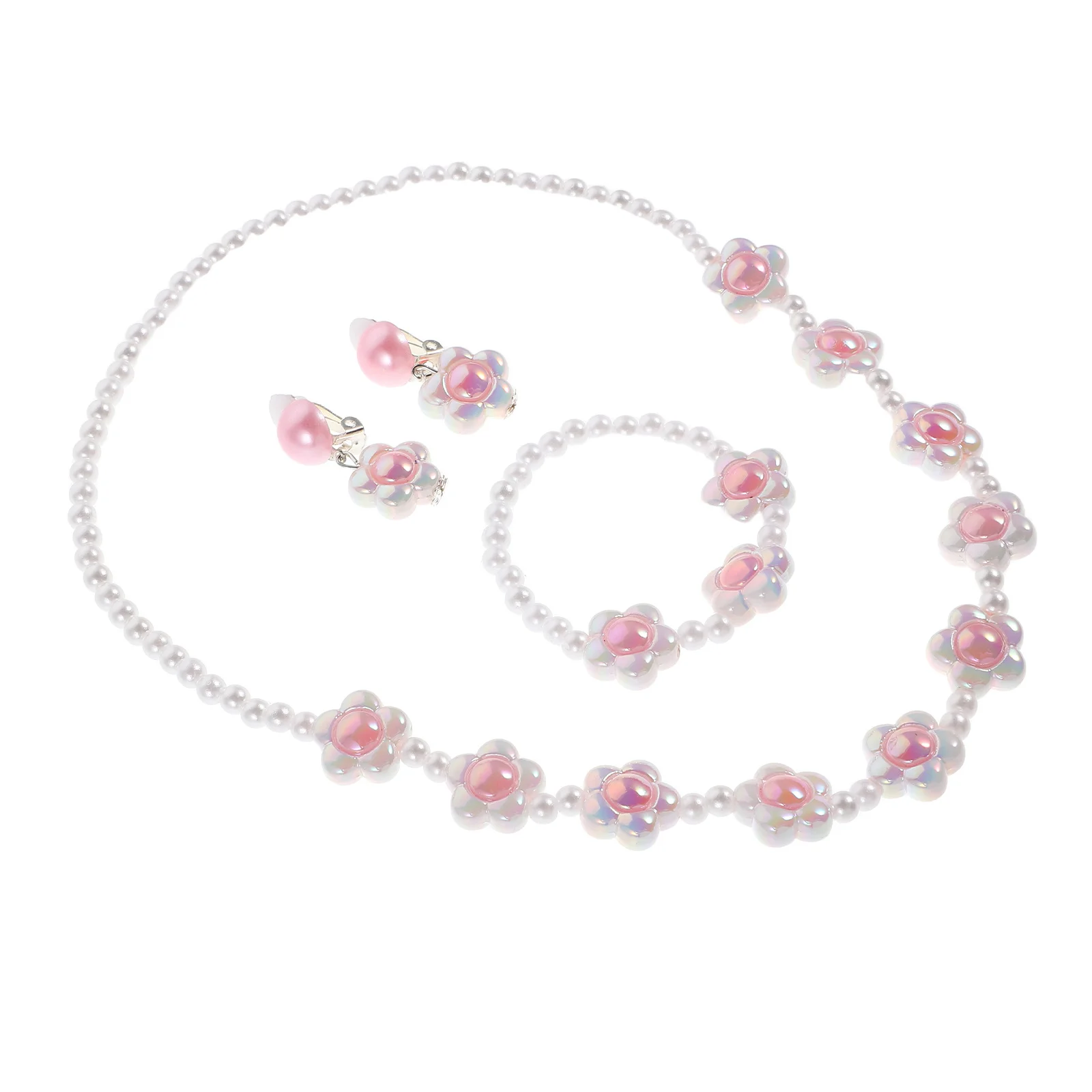 1 Zestaw Kwiatowej Biżuterii z Perłami dla Dziewczynek: Modny Naszyjnik, Bransoletka i Kolczyki, Eleganckie Akcesoria dla Dzieci na Specjalne Okazje