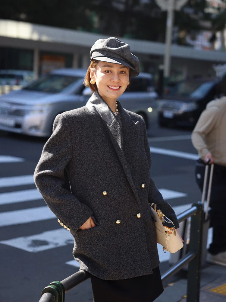 

WinnieTang YL·00 Woolen Suit Jaet with Notch Lapel Double Row Buttons Retro Slimming Medium Length Commute Sle Women's Coat