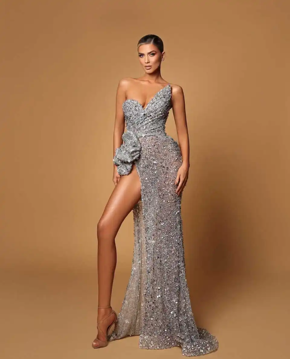 Robe de bal Sexy entièrement pailletée, paillettes argentées, personnalisée, fente latérale, robe de soirée spéciale