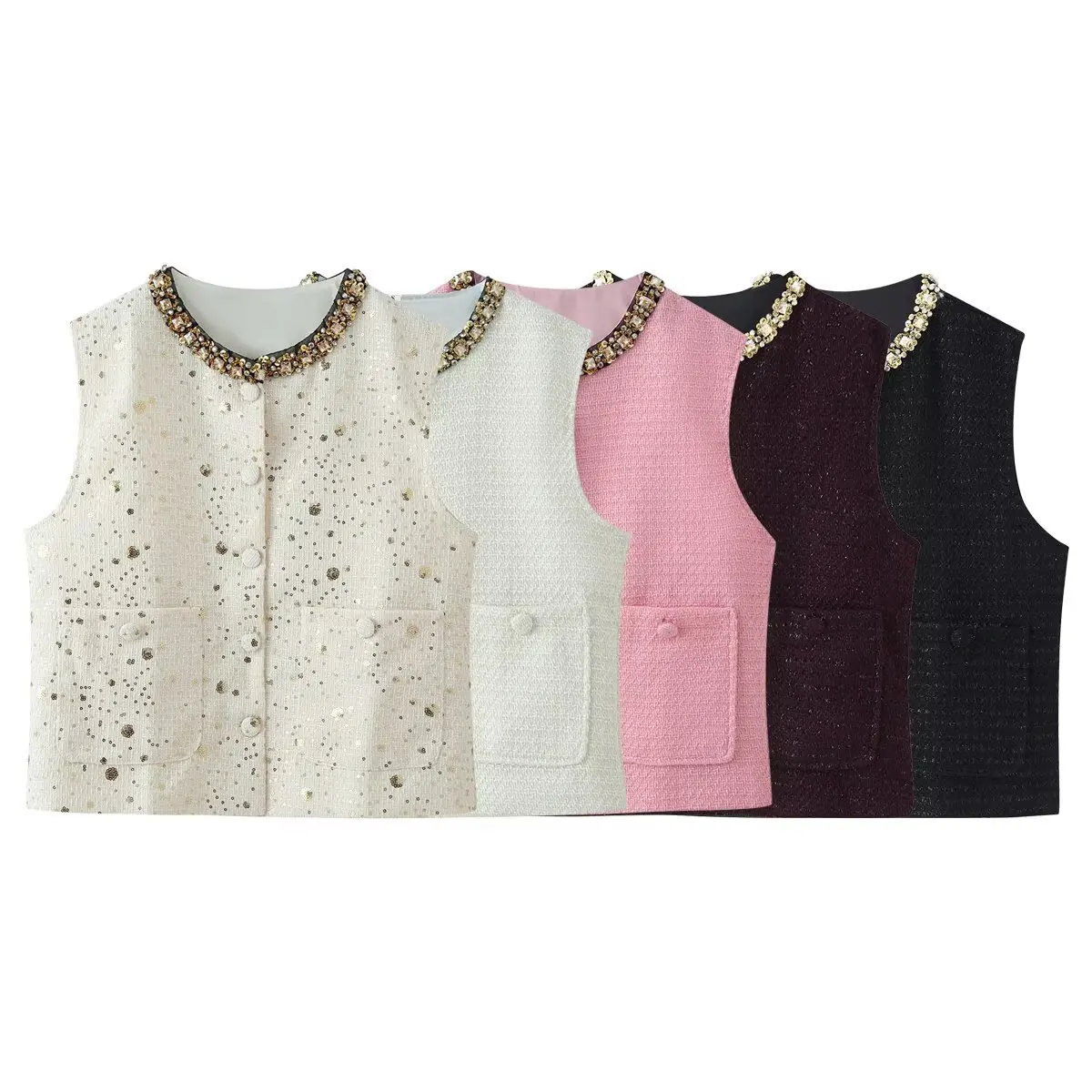 

Dave&di Versatile Temperament, Diamond Studded Round Neck, Small Fragrant Style Vest Jacket