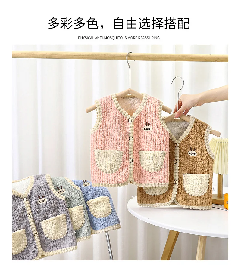 Jacke im Taschen-Design, weiße Kante, Mädchenweste, Frühling/Herbst, Baby-Ärmellose Jacke, Unisex-Cardigan mit Knöpfen, Jungen- und Kinderbekleidung – Detail 5