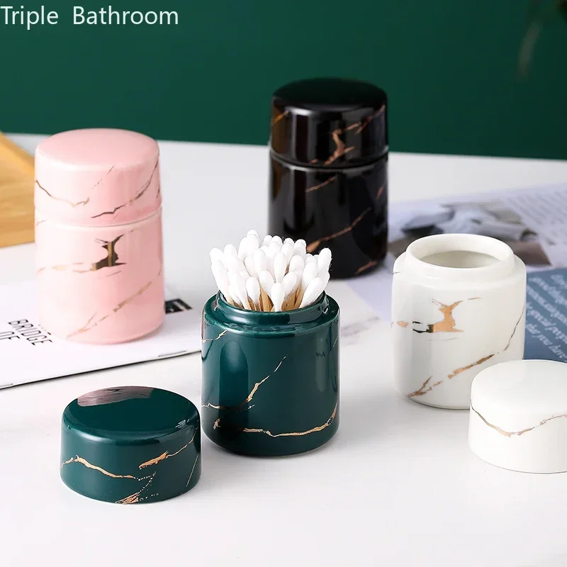 Ceramic with Cover Dust Proof Organizer Cotton Swab Cartridge Nordic Marble Stripes Toothpick Holder Bathroom Accessories