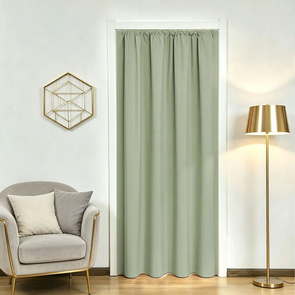 1Pc Rod Pocket Sage Green Blackout Door Curtain, Nordic INS Style, Black Liner Thermal Privacy Doorway Curtain for Bedroom Balco