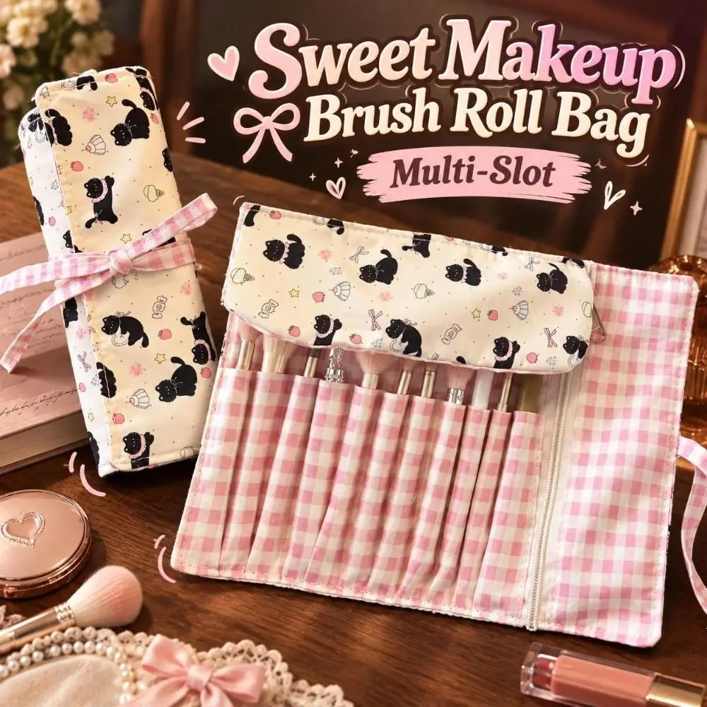Multi-Slot Makeup Brush Roll Bag Grid Pattern Ribbon-Tie Cosmetic Brush Pouch Portable Roll-Up Brush Storage Wrap